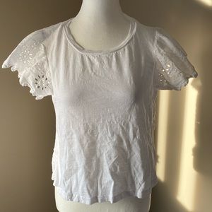 Dex, size small white t-shirt with eyelet cap sleeves and back